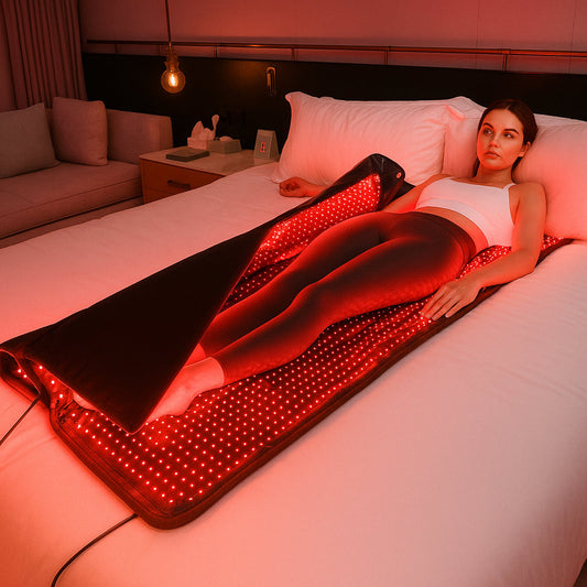 Woman using the Nurtura Full Body Red Light Therapy Mattress on a bed in a dimly lit room.