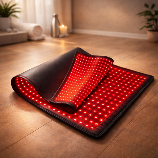 Nurtura Red and Infrared Light Therapy Mat on a wooden floor with a cozy room background
