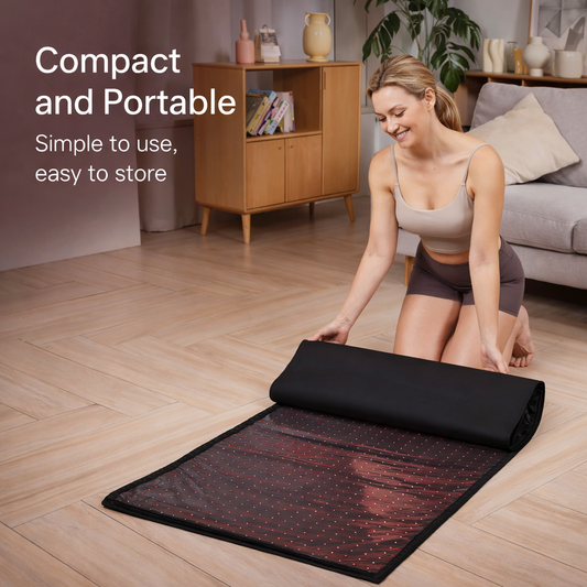 Woman unrolling the Nurtura Red and Infrared Light Therapy Mat on a wooden floor