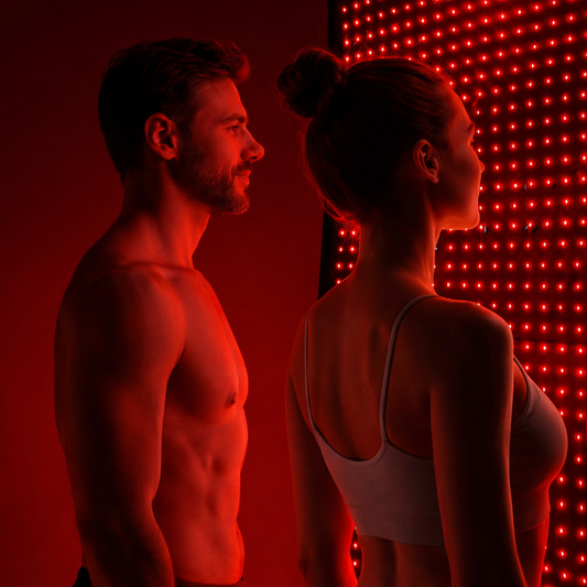 Man and woman standing back-to-back in a red-lit room with the Nurtura Red and Infrared Light Therapy Mat