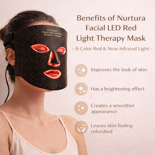 Person wearing the Nurtura Red Light Therapy Mask with text highlighting benefits on a beige background.