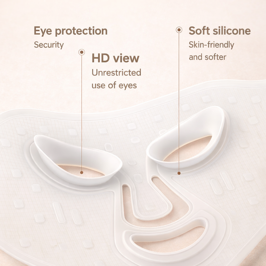 The White silicone eye pads of the Nurtura Red Light Therapy Mask with text highlighting features on a light background