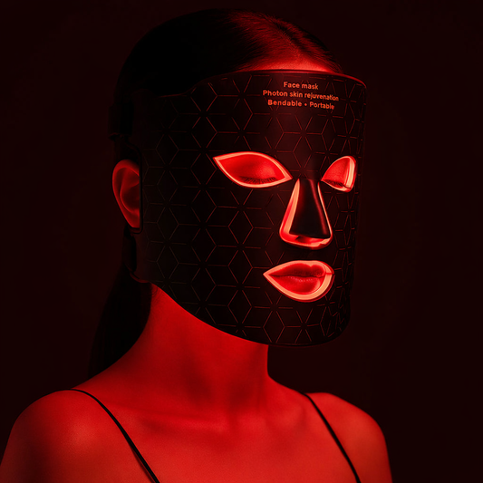 Person wearing the Nurtura Red Light Therapy Mask against a dark and glowing red background