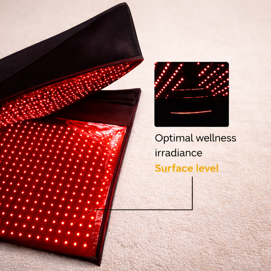 The Nurtura Full Body Red Light Therapy Mattress with close-up inset on a light background