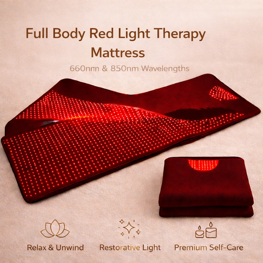The Nurtura Full Body Red Light Therapy Mattress with a soft beige background