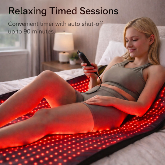 Woman using the Nurtura Full Body Red Light Therapy Mattress in a bedroom setting