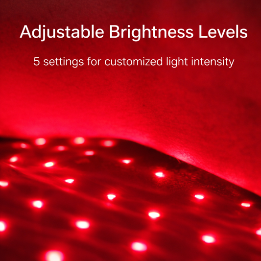 Red LED strip light of the Nurtura Red and Infrared Light Therapy Mat with adjustable brightness levels on a red background