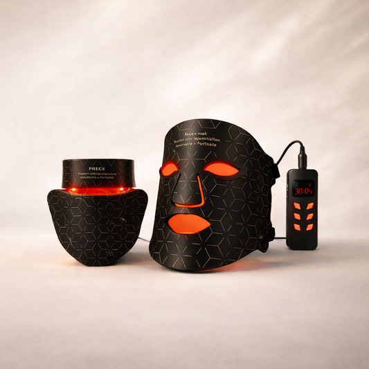 Nurtura Red Light Therapy Mask with red lights + Neck Attachment and control device on a neutral background