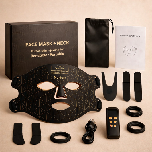 Nurtura Red Light Therapy Mask + Neck kit on a beige background